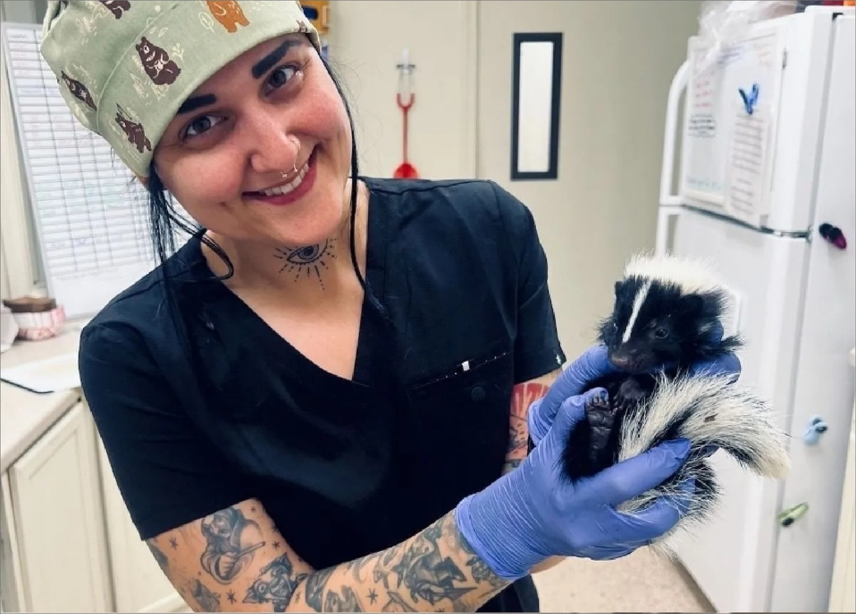 Veterinary professional holding an animal.
